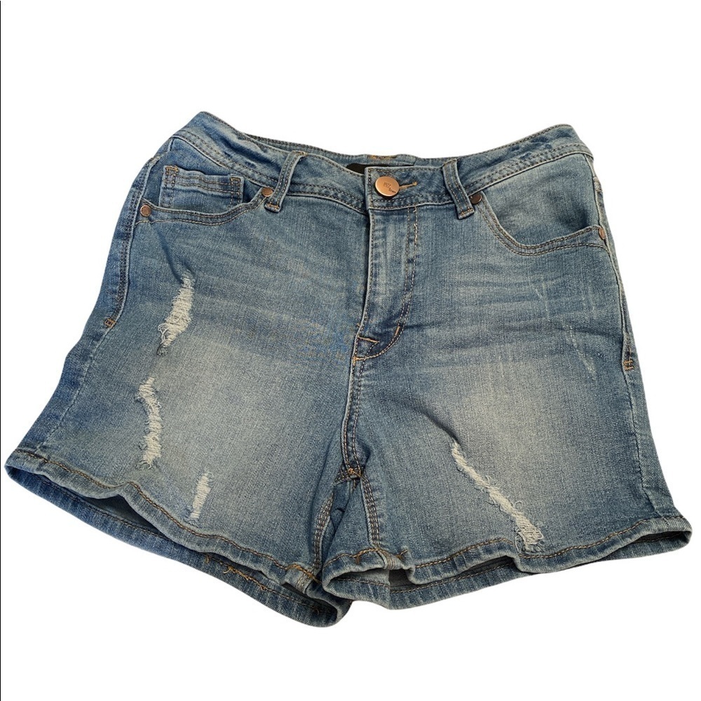 1822 Denim Jean shorts midrise distressed areas button/zip pockets Size 4
